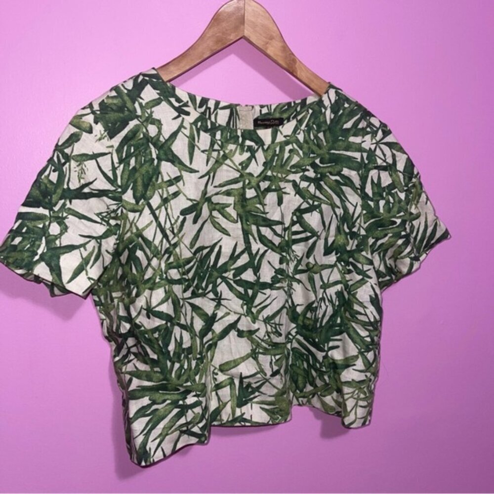 Massimo Dutti Top Women's Size 10 US Tan Linen Tropical Print Short Sleeve Crop - Picture 5 of 13